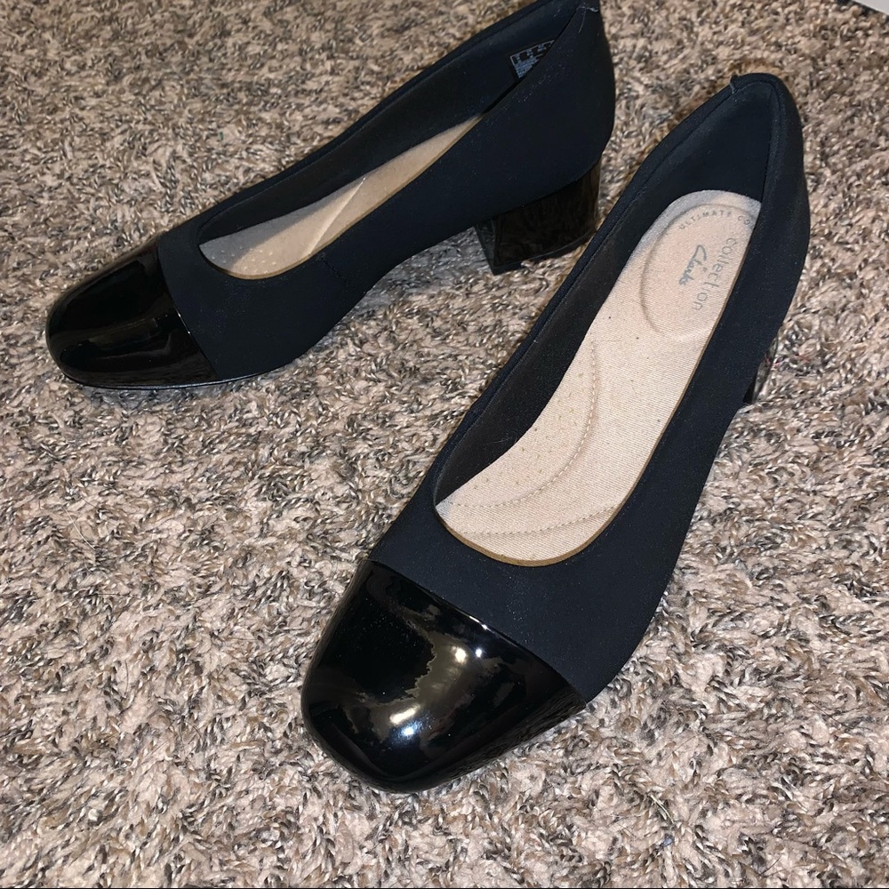 Clarks Black Textile Marilyn Sara Block Heel Pumps
